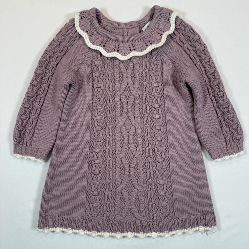 CUPCAKES AND CASHMERE Baby Girls’ Mauve Cable Knit White Trim Sweater Dress 3-6M